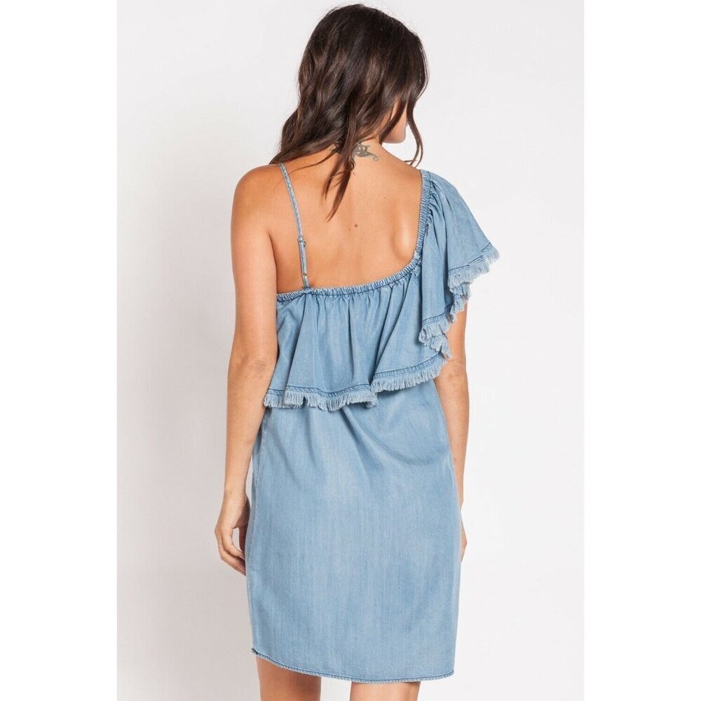 Velvet Heart Blue Chambray Dress One Shoulder Fringe Popover Mini SZ L New - Picture 2 of 4